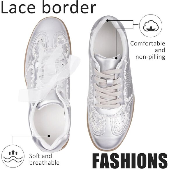 Women's Silver Casual Crochet Ribbon Ballet Trendy Cute Spring Sneakers Shoes - Picture 3 of 4